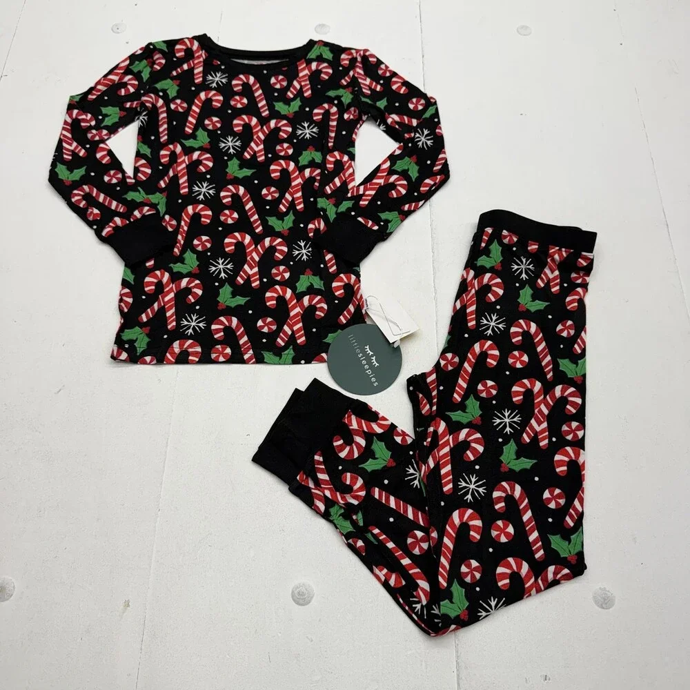 Little Sleepies Pajama Set Kids 7-8 Black Merry Mints Candy Cane 2 Piece PJs